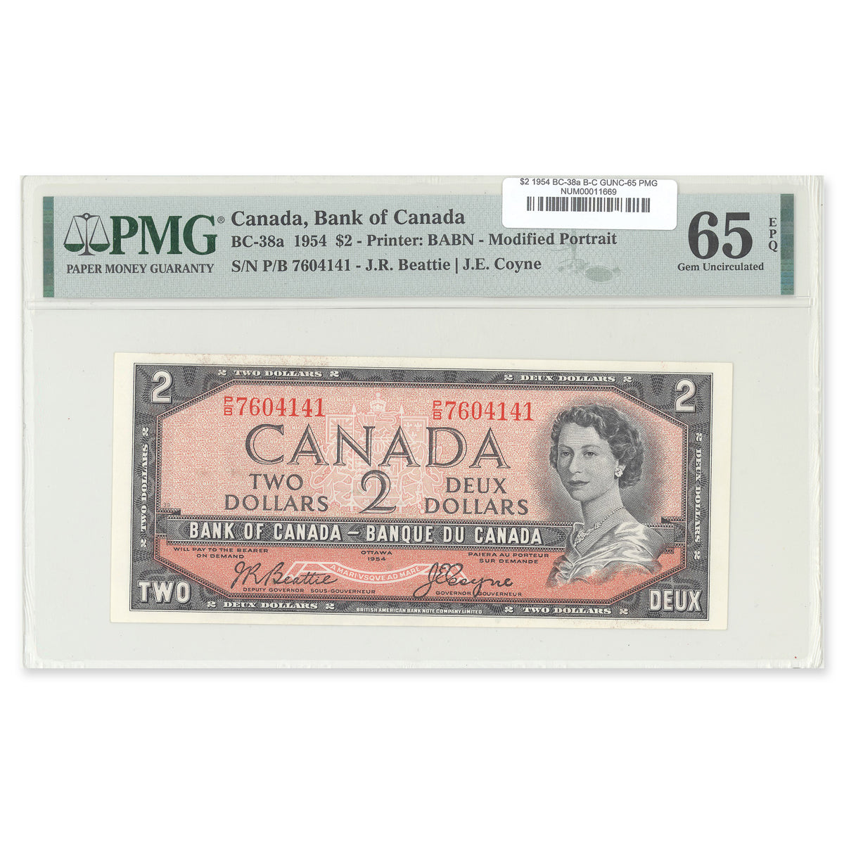 $2 1954 Modified Series BC-38a Beattie-Coyne Prefix P/B PMG GUNC-65 EPQ