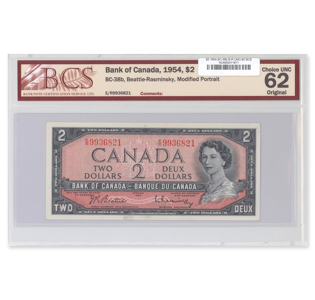 $2 1954 Modified Series BC-38b Beattie-Rasminsky Prefix E/R BCS UNC-62 Original