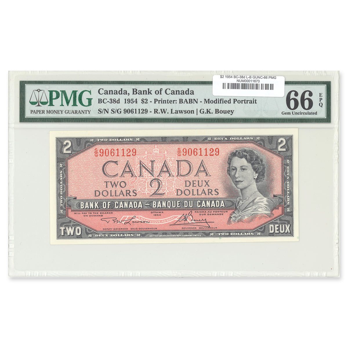 $2 1954 Modified Series BC-38d Lawson-Bouey Prefix S/G PMG GUNC-66 EPQ