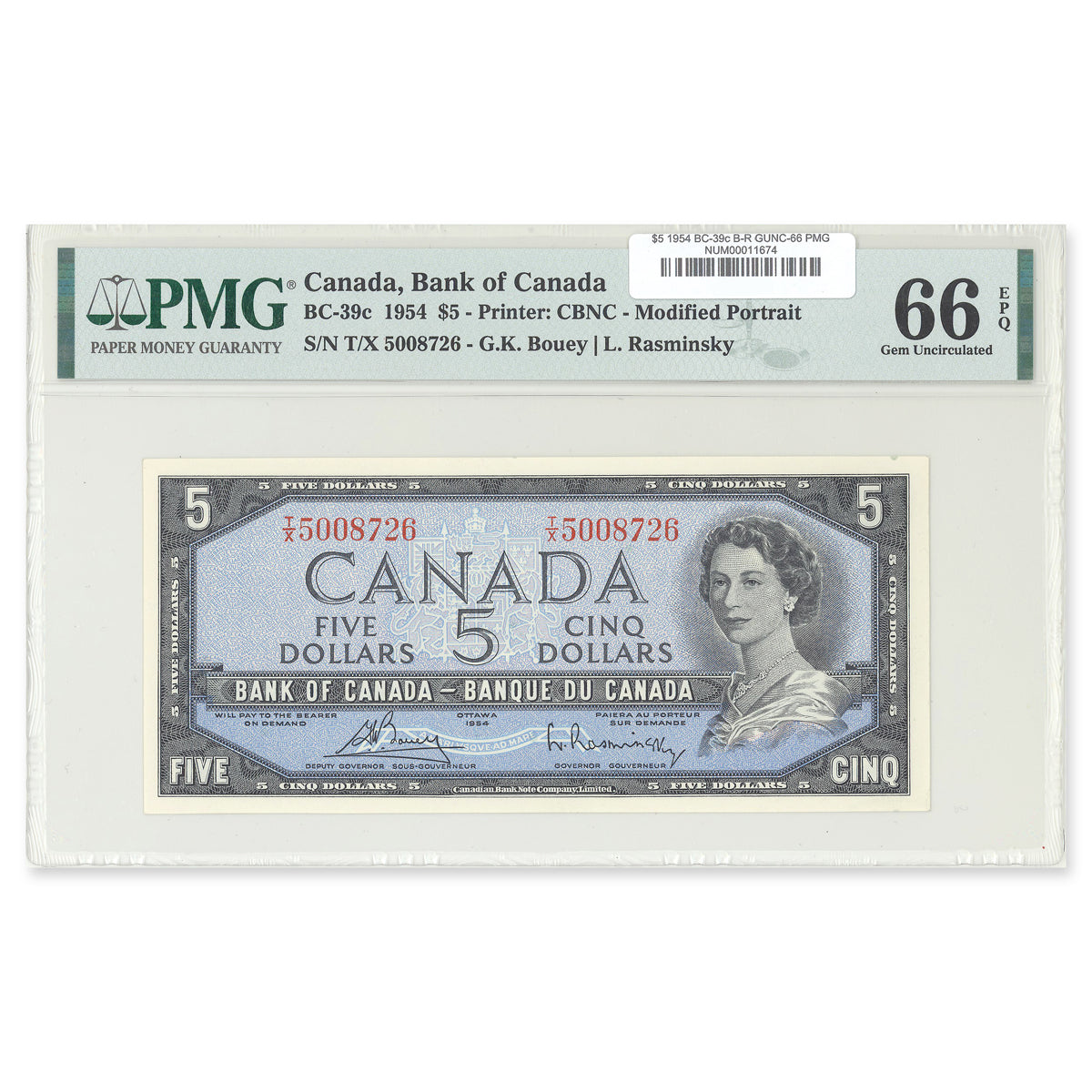 $5 1954 Modified Series BC-39c Bouey-Rasminsky Prefix T/X PMG GUNC-66 EPQ