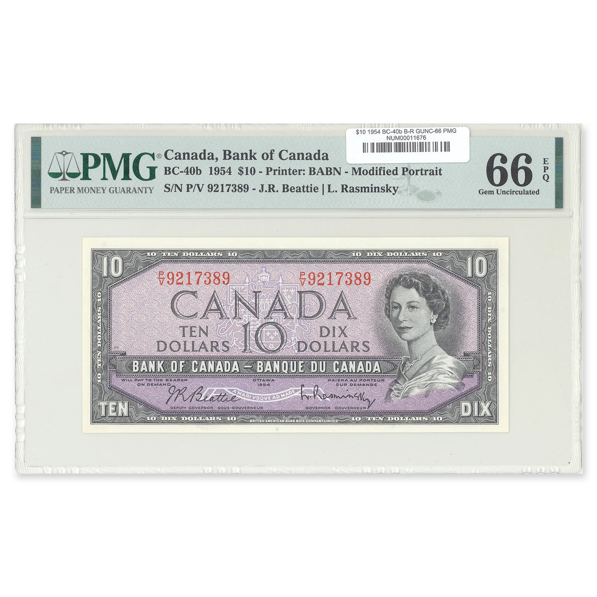 $10 1954 Modified Series BC-40b Beattie-Rasminsky Prefix P/V PMG GUNC-66 EPQ