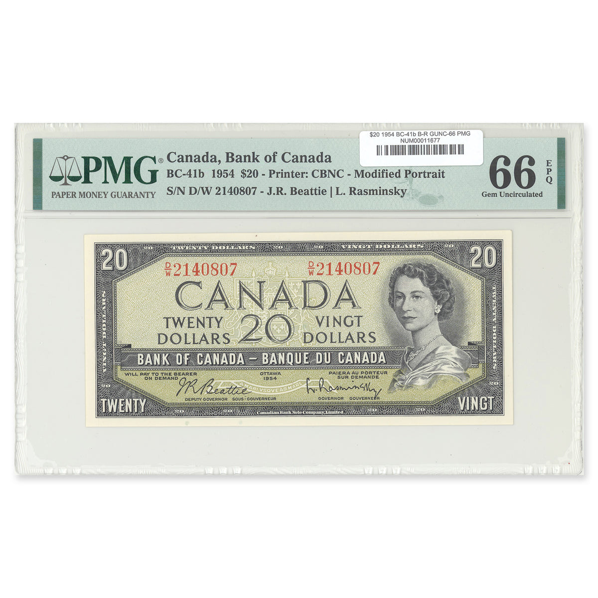 $20 1954 Modified Series BC-41b Beattie-Rasminsky Prefix D/W PMG GUNC-66 EPQ