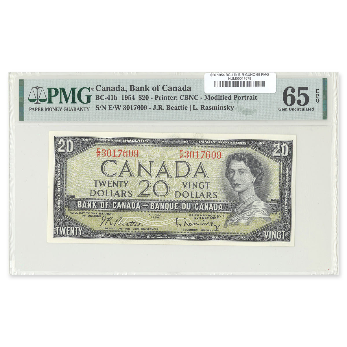 $20 1954 Modified Series BC-41b Beattie-Rasminsky Prefix E/W PMG GUNC-65 EPQ