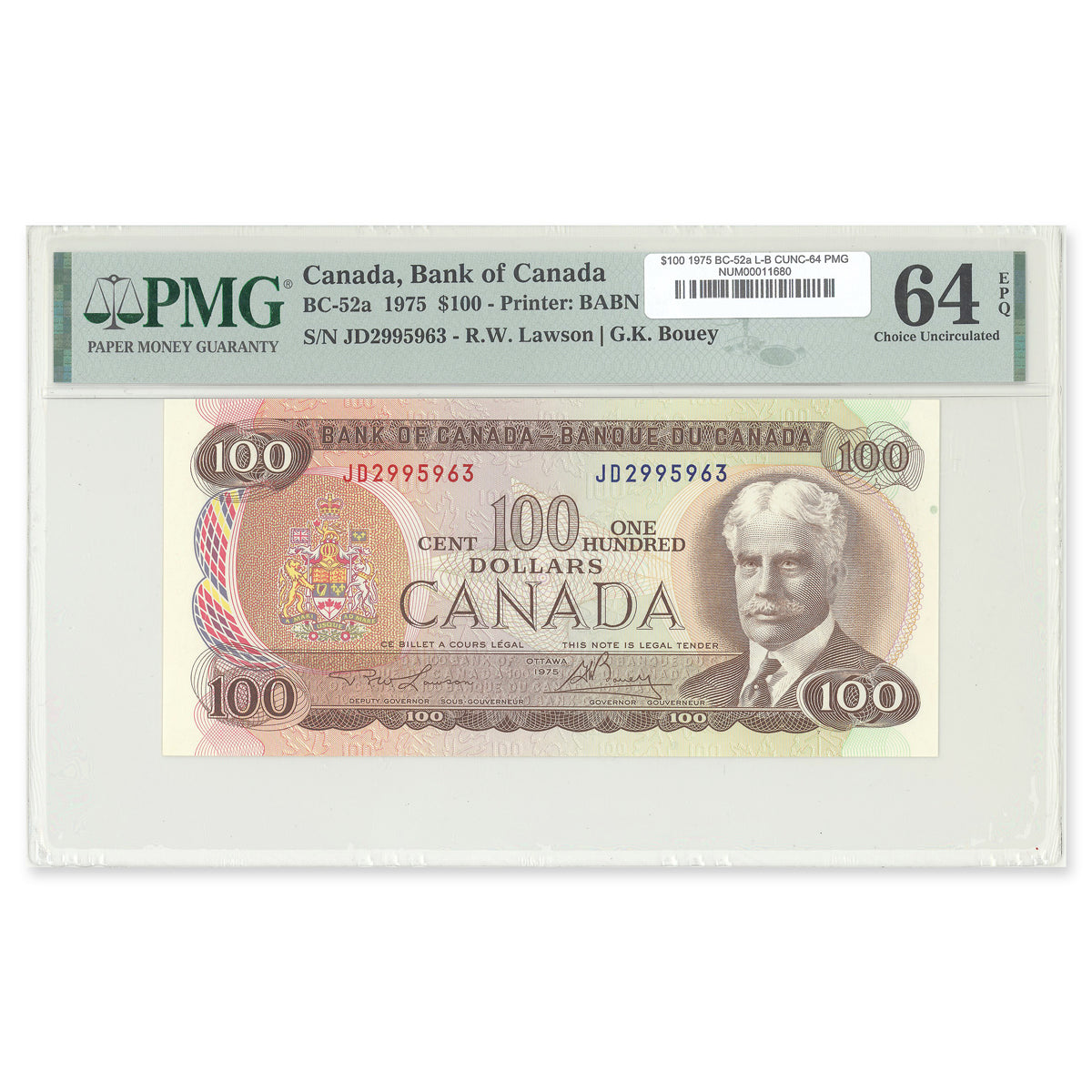 $100 1975 BC-52a Lawson-Bouey Prefix JD PMG CUNC-64 EPQ