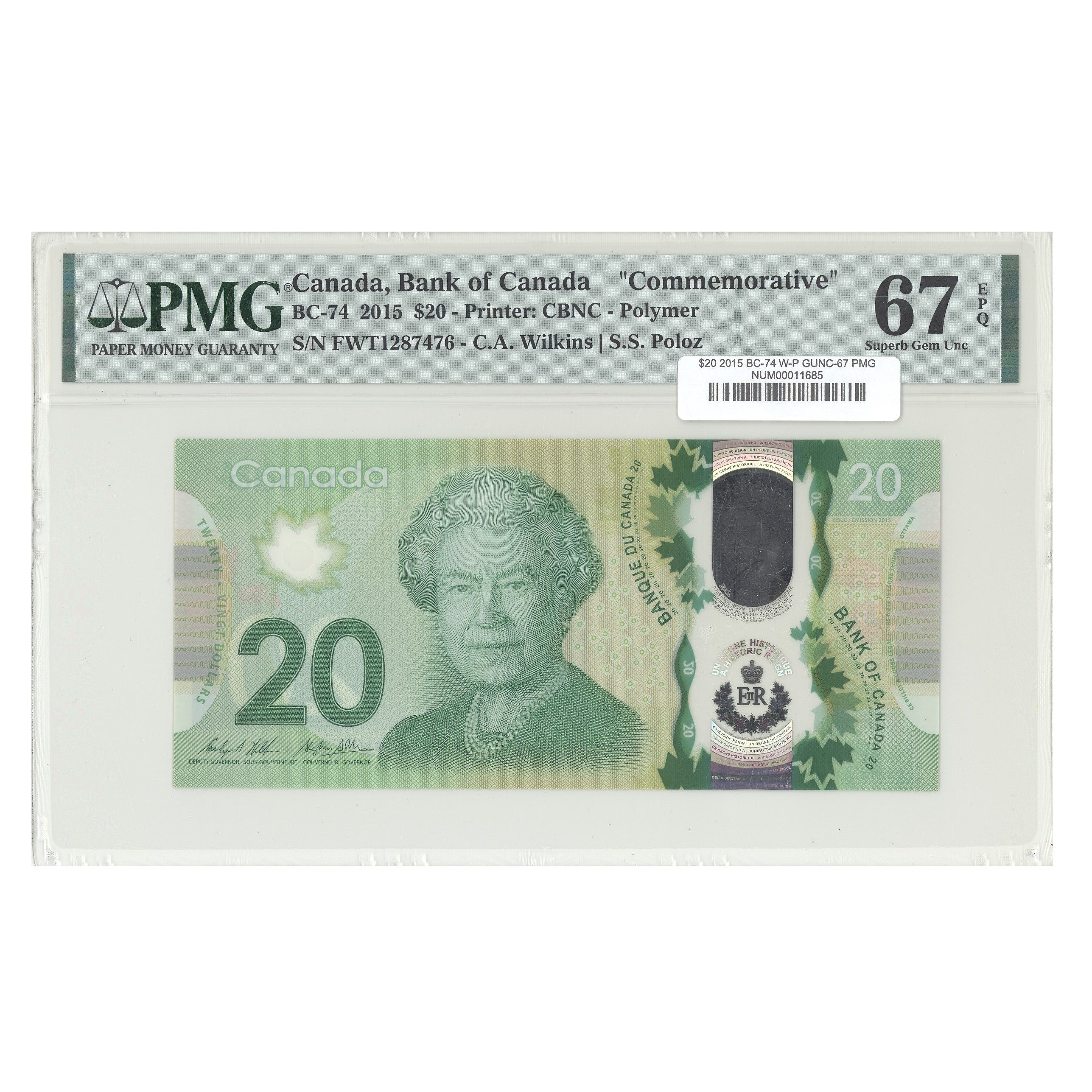 $20 2015 BC-74 Wilkins-Poloz Prefix FWT PMG GUNC-67 EPQ