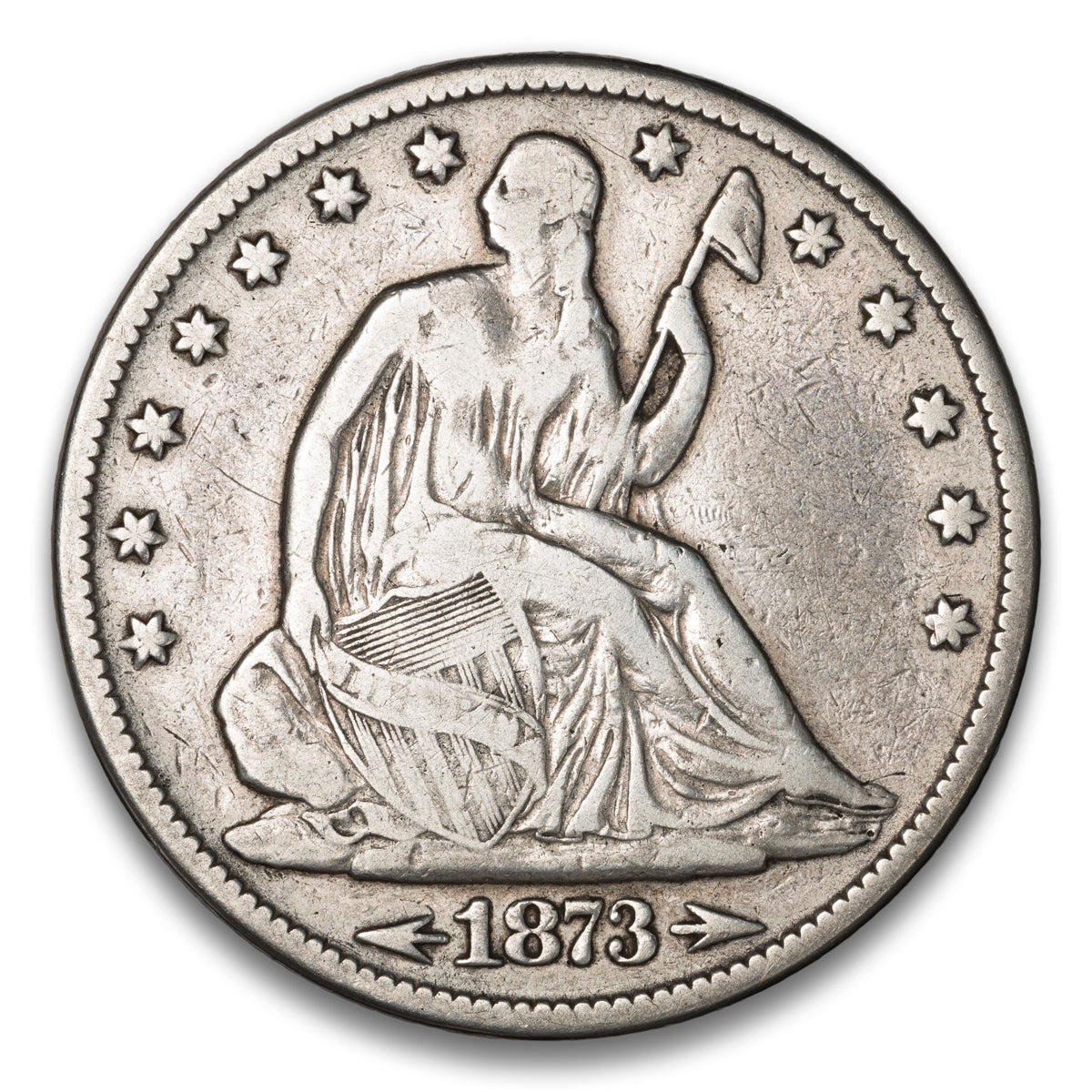 US 50 Cent Seated With Motto, Arrows 1873 Arrows WB-106 Large Arrows Non-Certified F-12