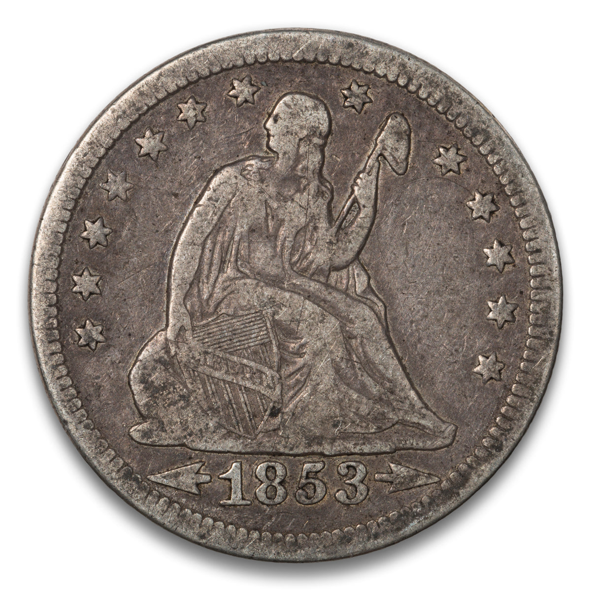 US 25 Cent Seated Arrows & Rays 1853 VF-20