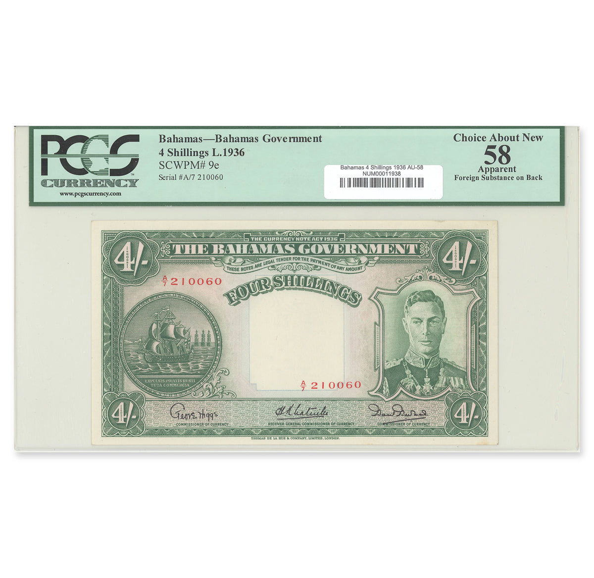 Bahamas 4 Shillings 1936 P# 9e PMG AU-58
