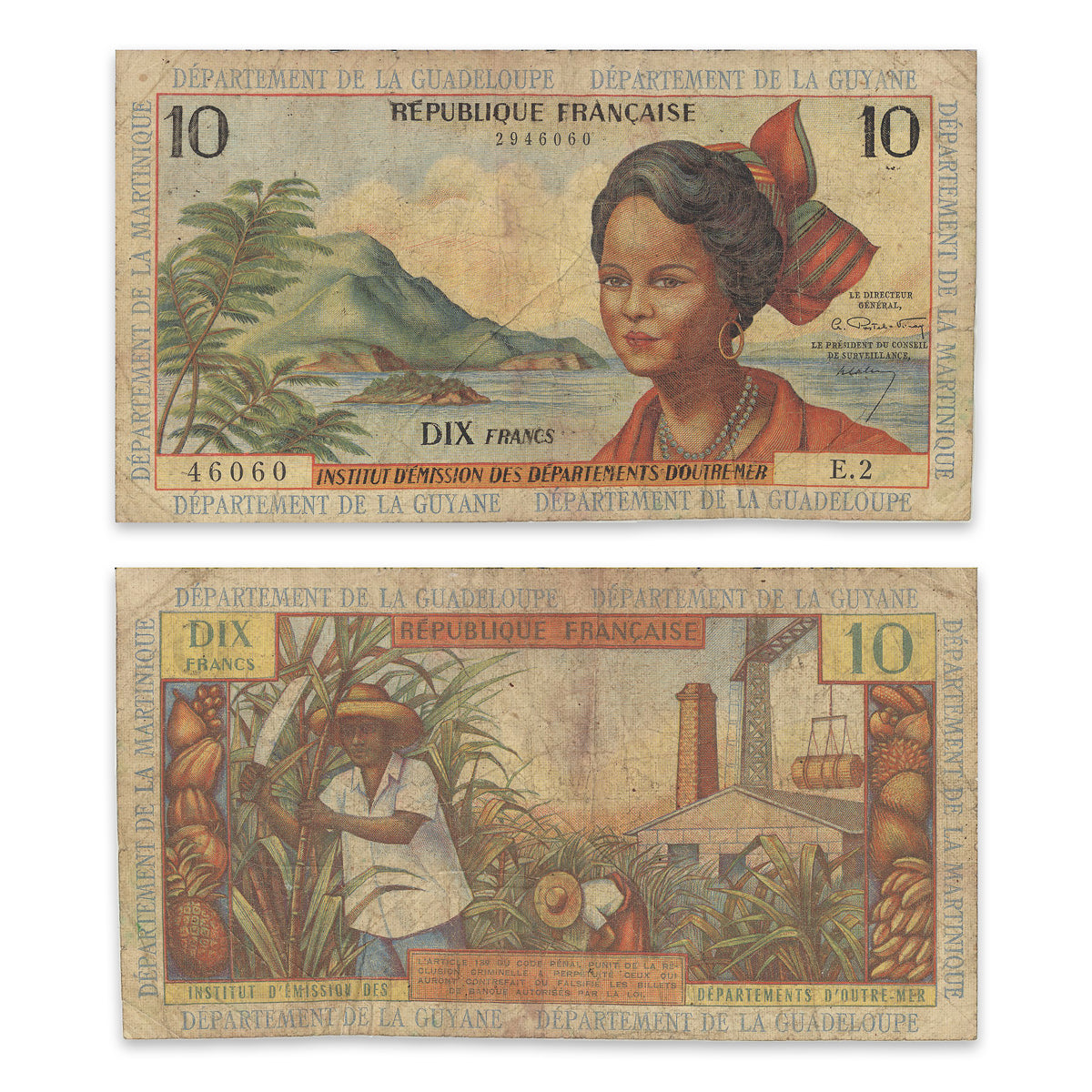 French Antilles 10 Francs 1964 P# 8a VG-10