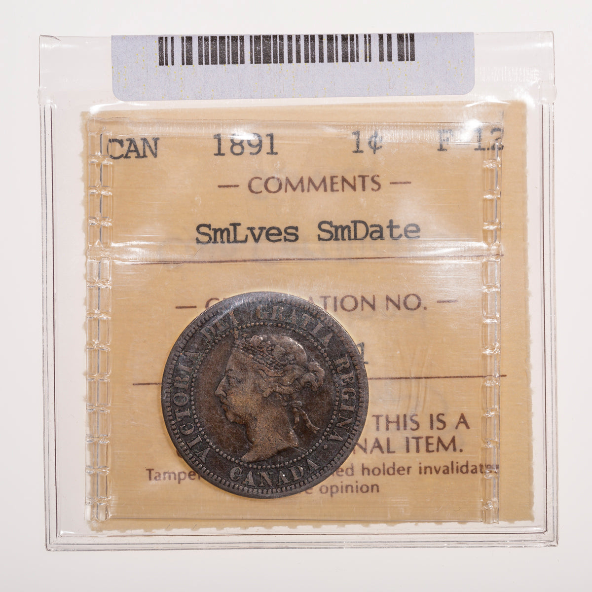 1 Cent 1891 Small Leaves Small Date ICCS F-12