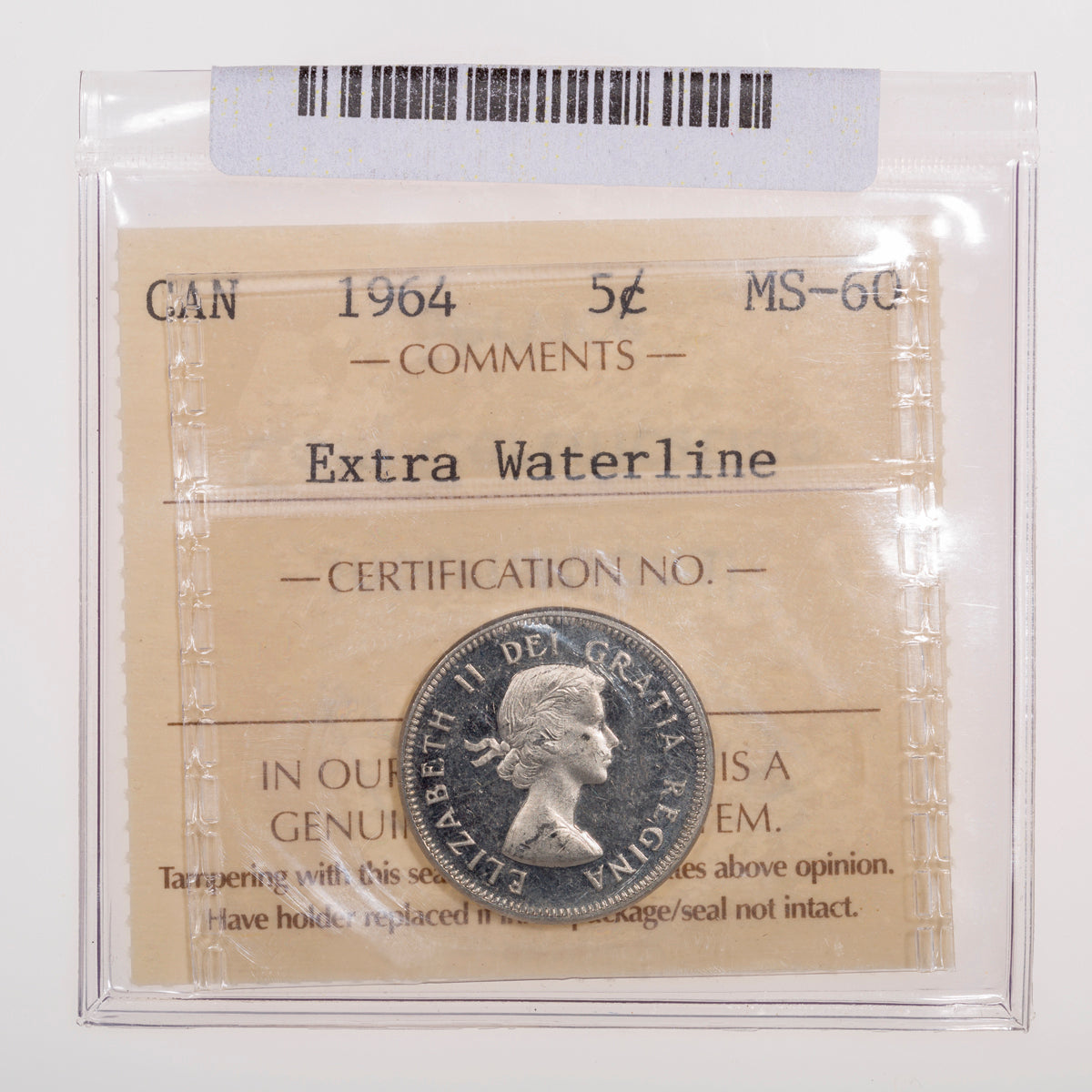 5 Cent 1964 Extra Waterline ICCS MS-60