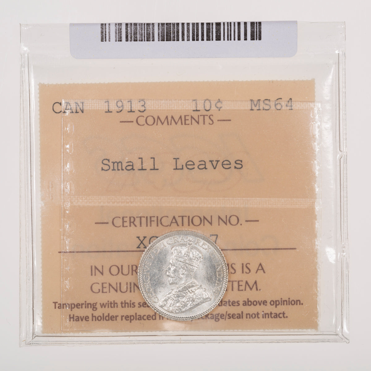 10 Cent 1913 Small Leaves ICCS MS-64