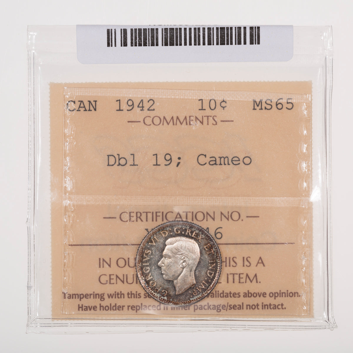 10 Cent 1942 Dbl 19 ICCS MS-65 Cameo