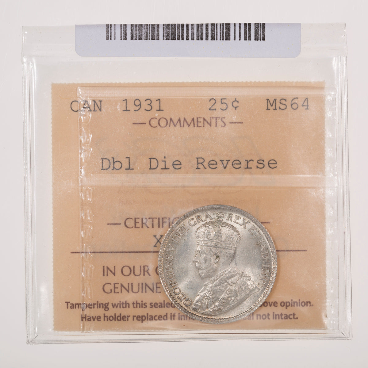 25 Cent 1931 Dbl Die Reverse ICCS MS-64