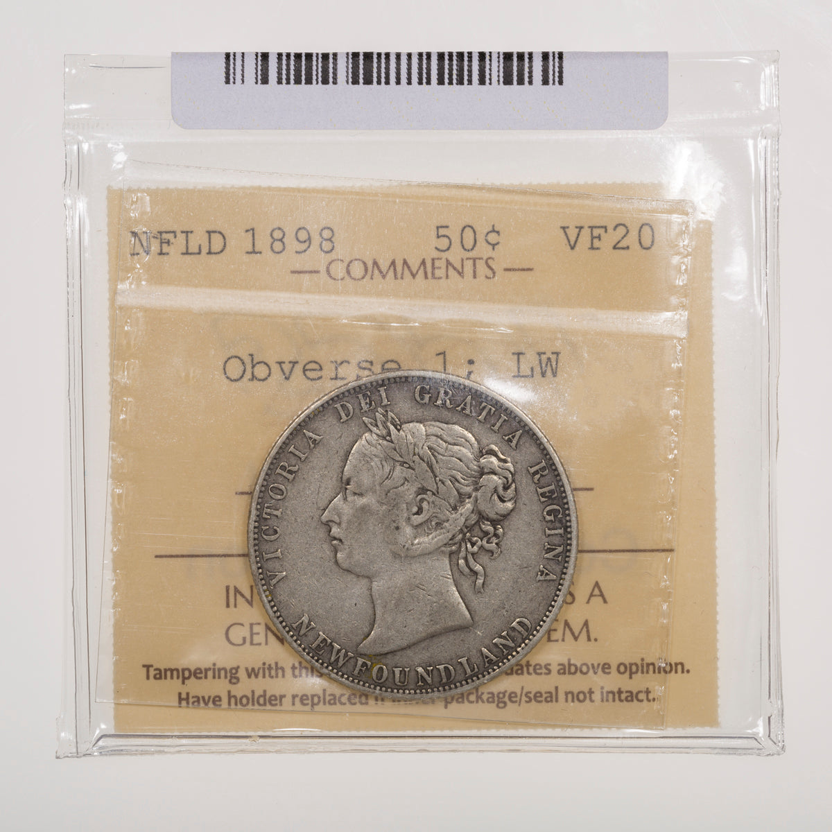 NFLD 50 Cent 1898 Obverse 1; LW ICCS VF-20