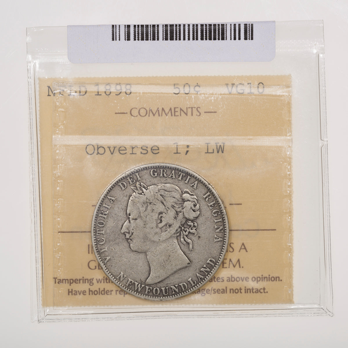 NFLD 50 Cent 1898 Obverse 1; LW ICCS VG-10