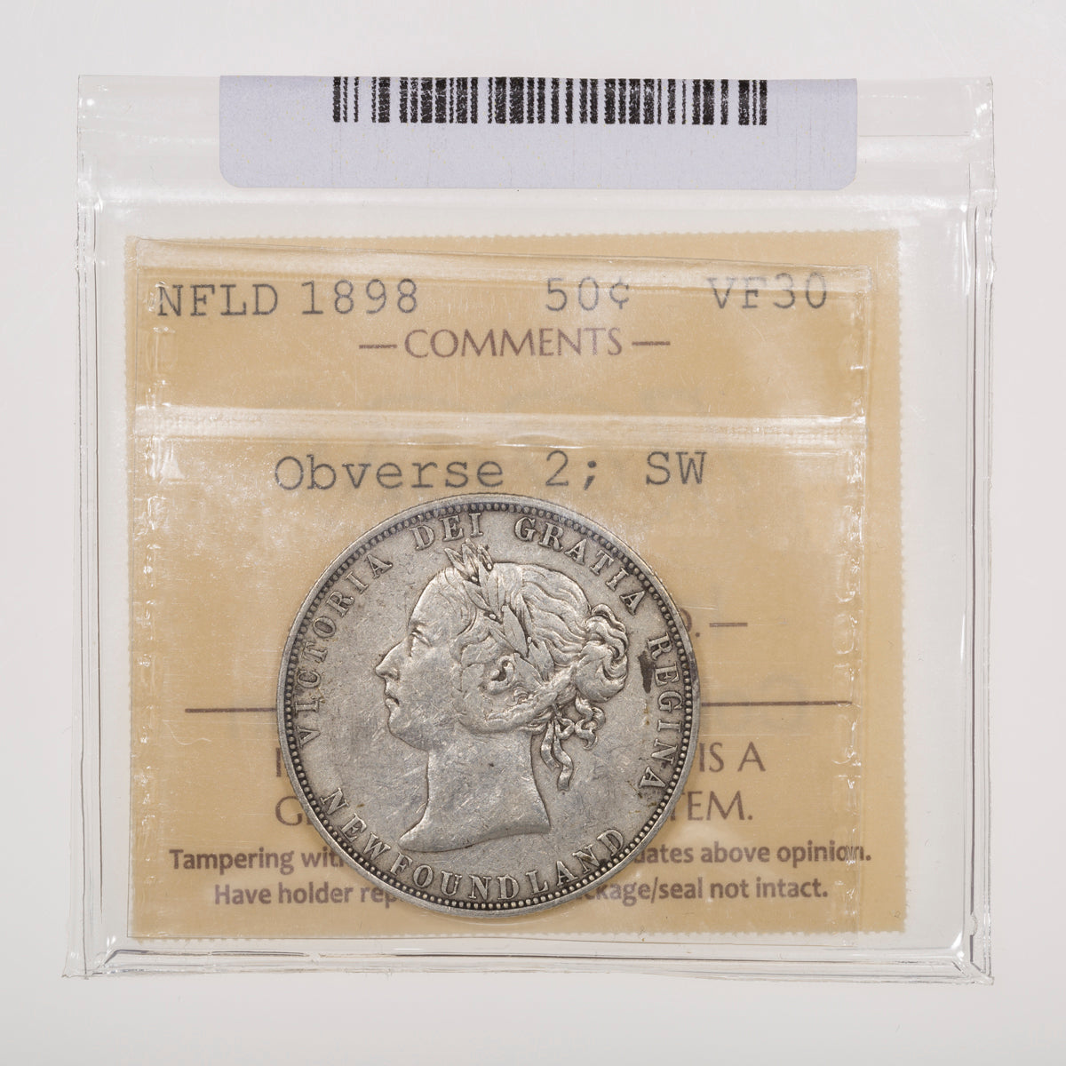 NFLD 50 Cent 1898 Obverse 2; SW ICCS VF-30