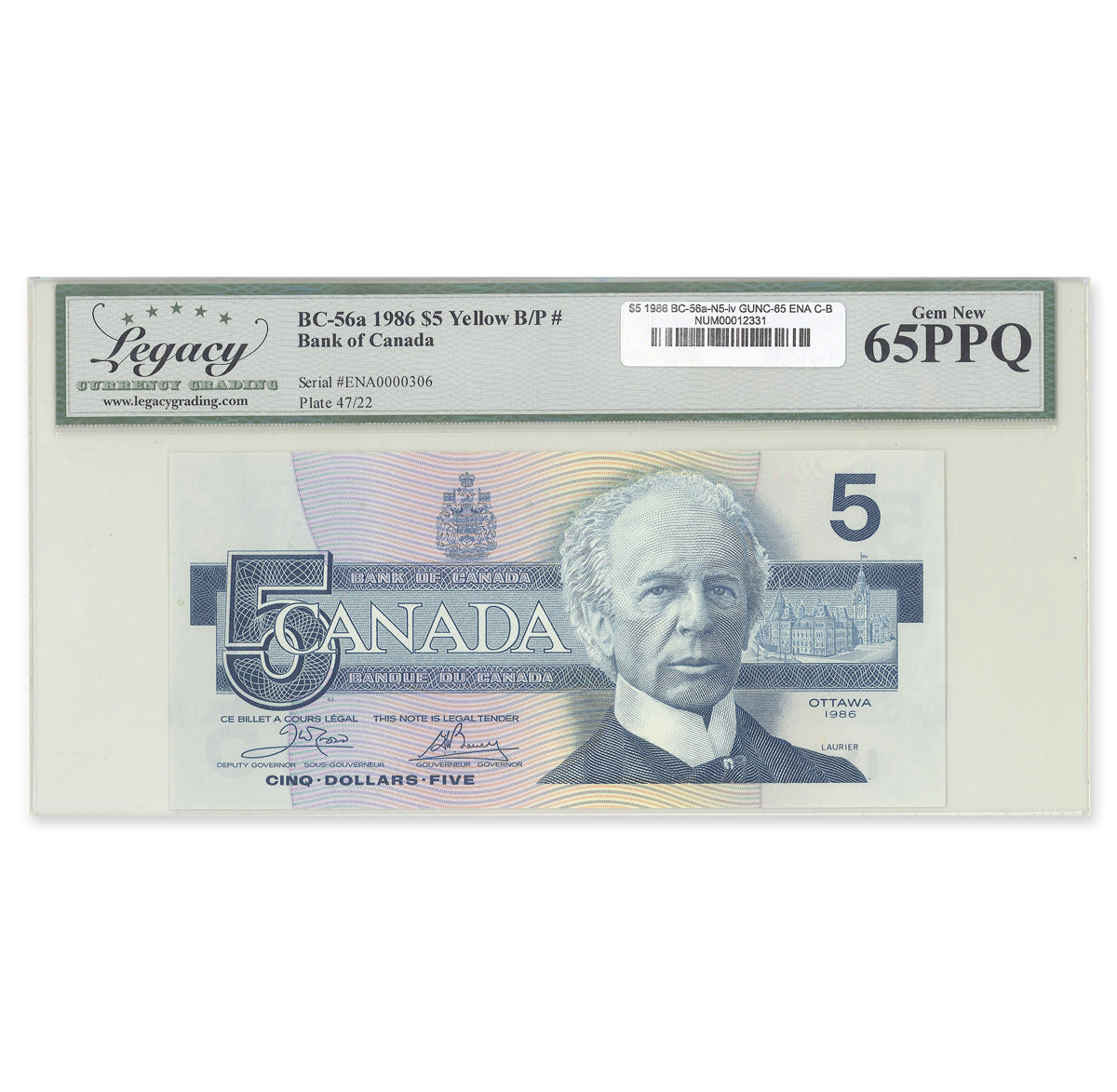 1986 $5 Low Serial # BC-56a-N5-iv Crow-Bouey Prefix ENA LEGACY GUNC-65 PPQ