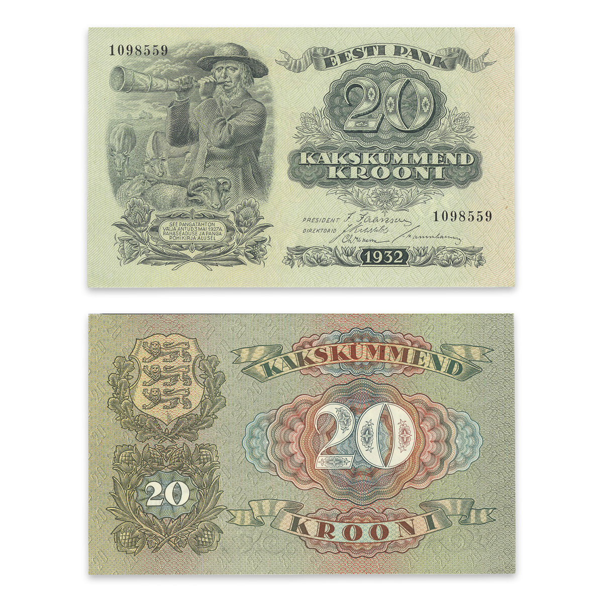 Estonia - Eesti Pank 1932 20 Krooni P# 64a AU-58
