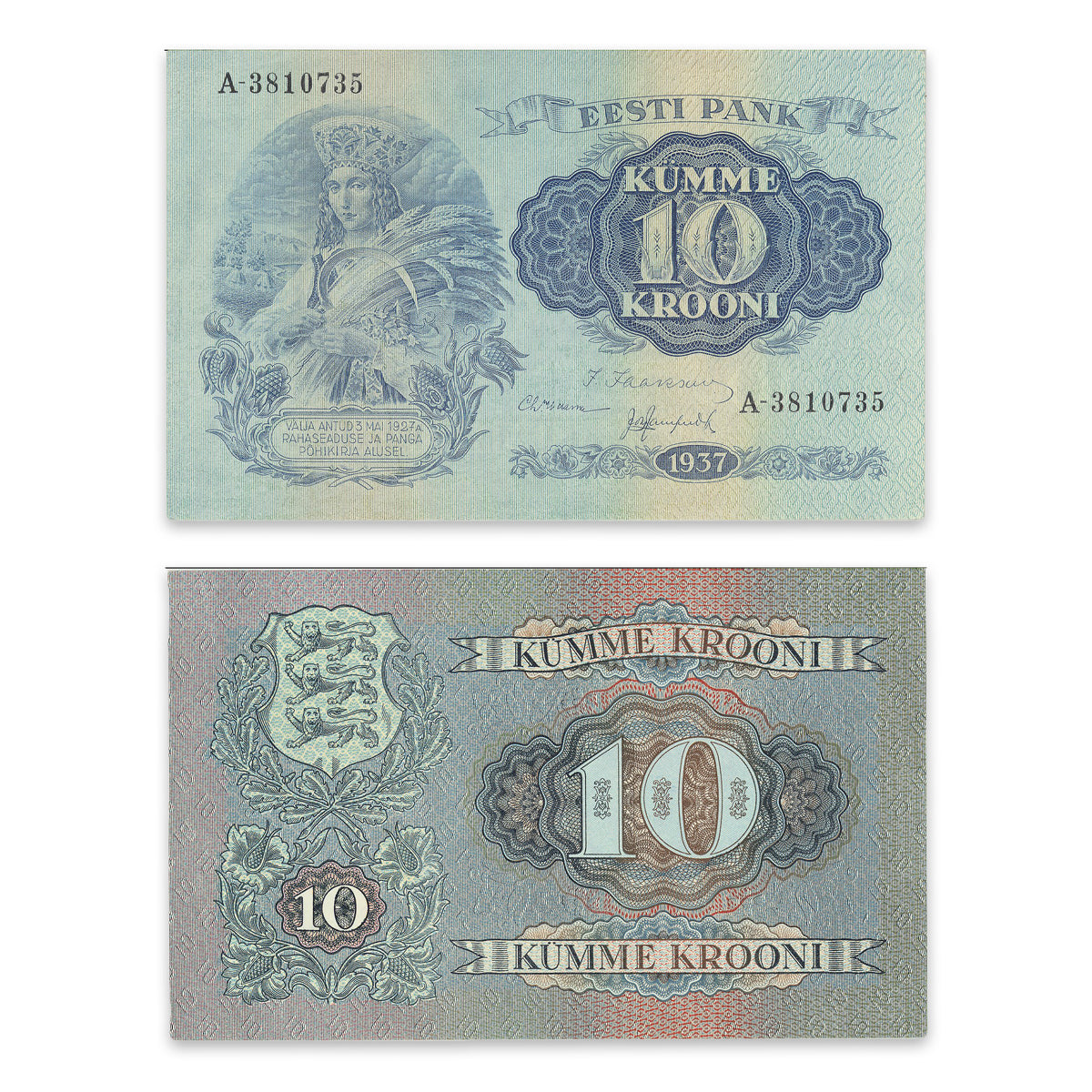Estonia - Eesti Pank 1937 10 Krooni P# 67a AU-55