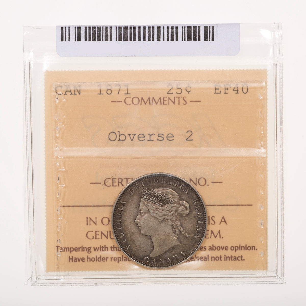 25 Cent 1871 Obverse 2 ICCS EF-40