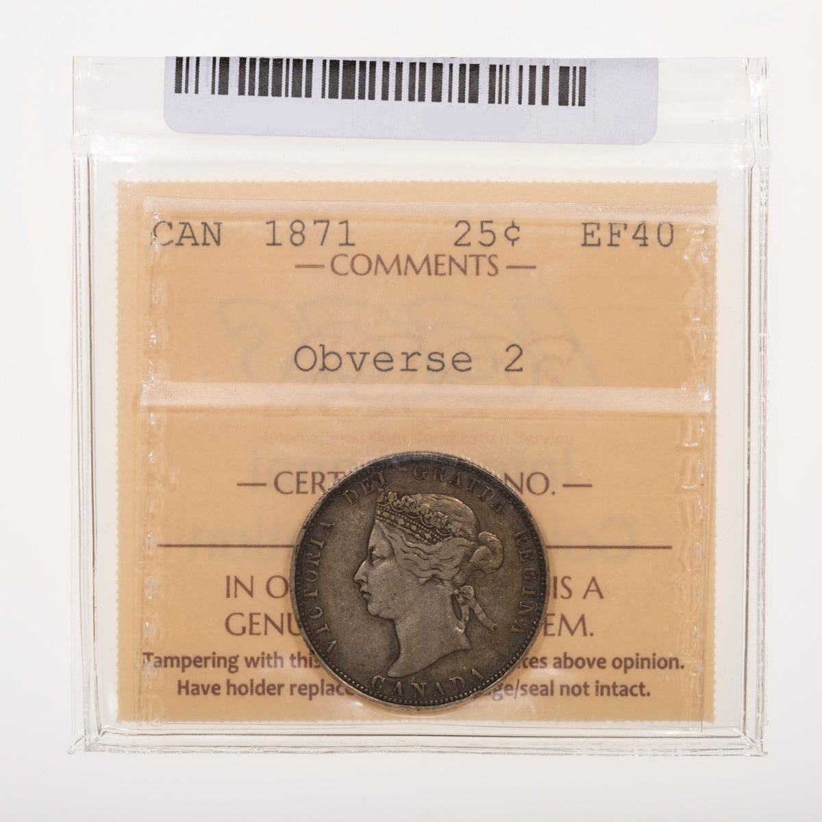 25 Cent 1871 Obverse 2 ICCS EF-40