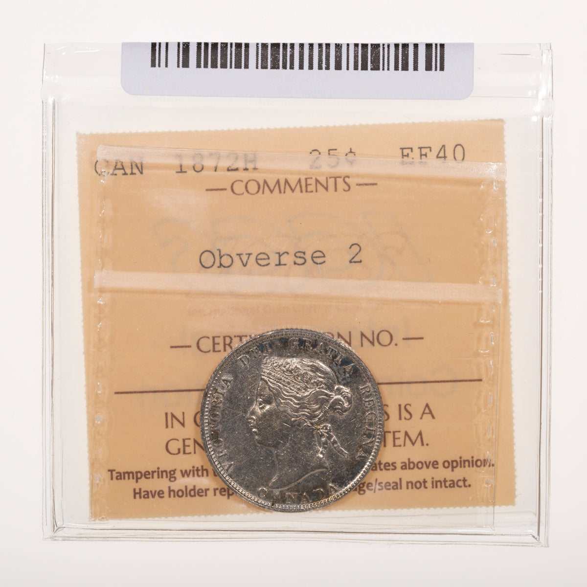 25 Cent 1872H Obverse 2 ICCS EF-40