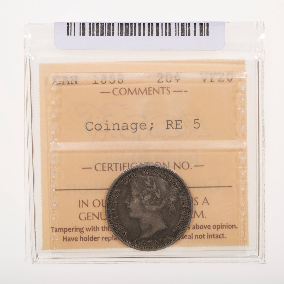 20 Cent 1858 Coinage, Re-engraved 5 ICCS VF-20