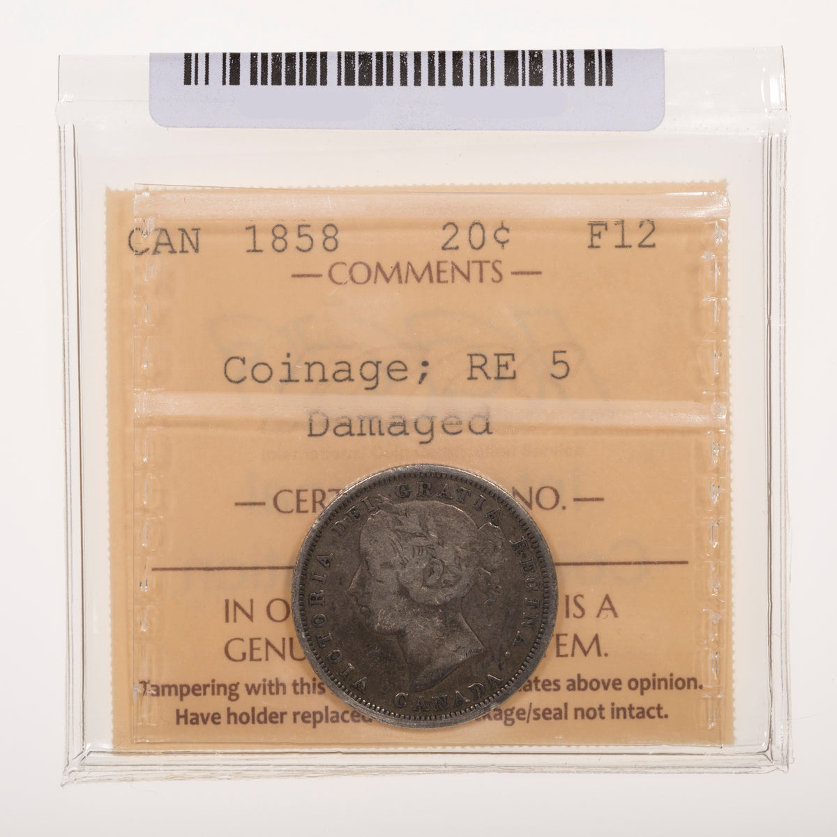 20 Cent 1858 Coinage, Re-engraved 5 ICCS F-12