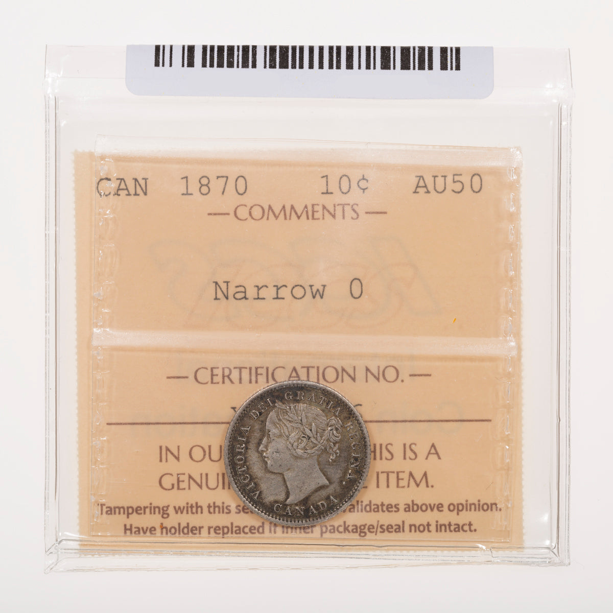 10 Cent 1870 Narrow 0 ICCS AU-50