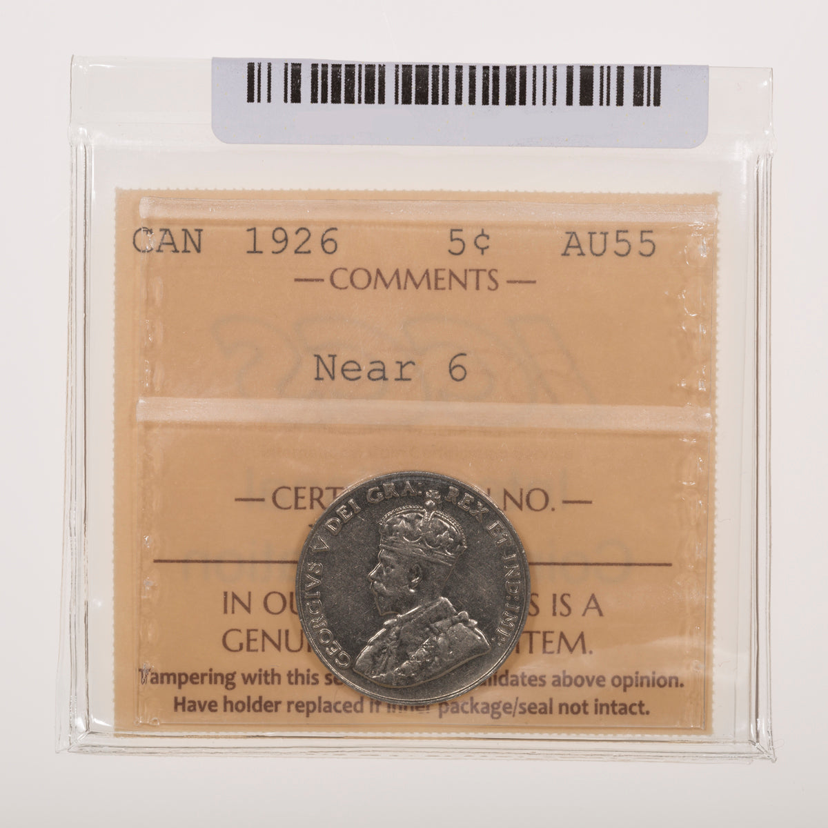 5 Cent 1926 Near 6 ICCS AU-55