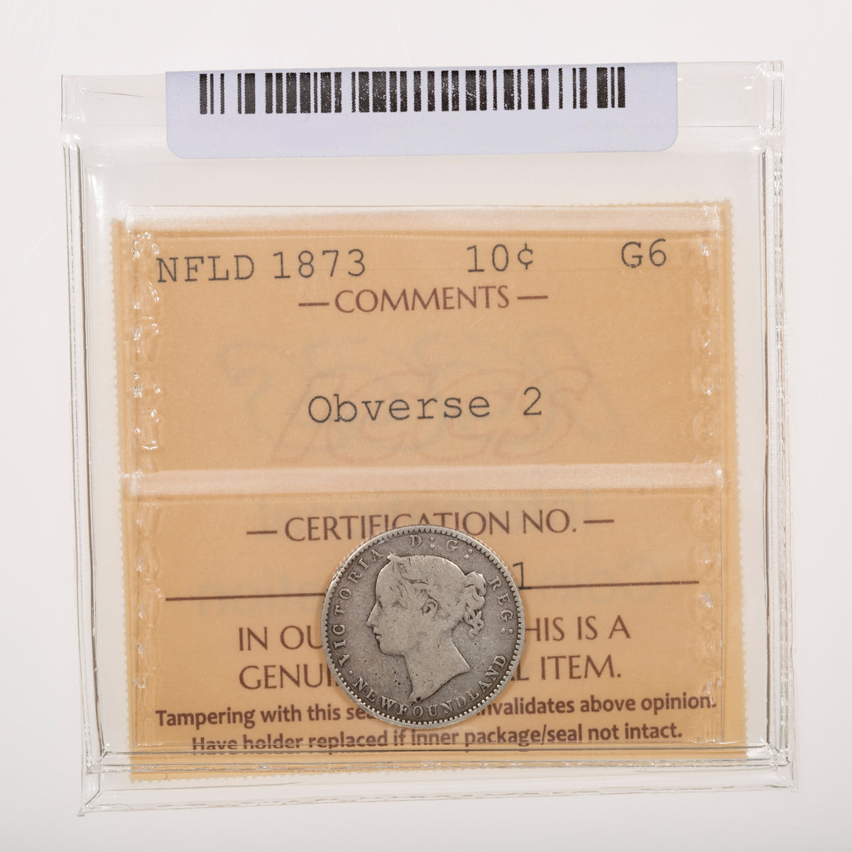 NFLD 10 Cent 1873 Obverse 2 ICCS G-6