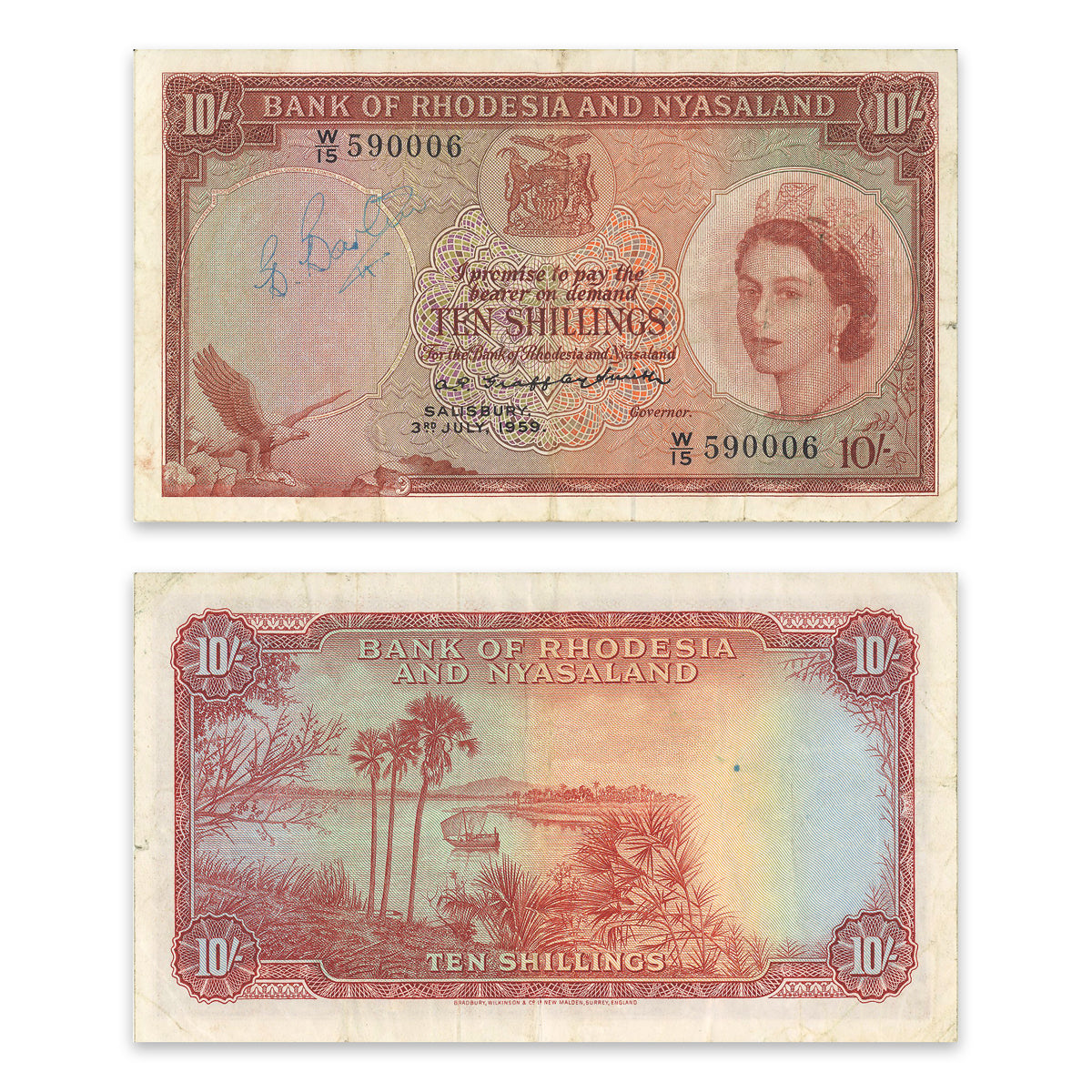 Rhodesia and Nyasaland 1956 10 Shillings P# 20a VF-20 With autograph