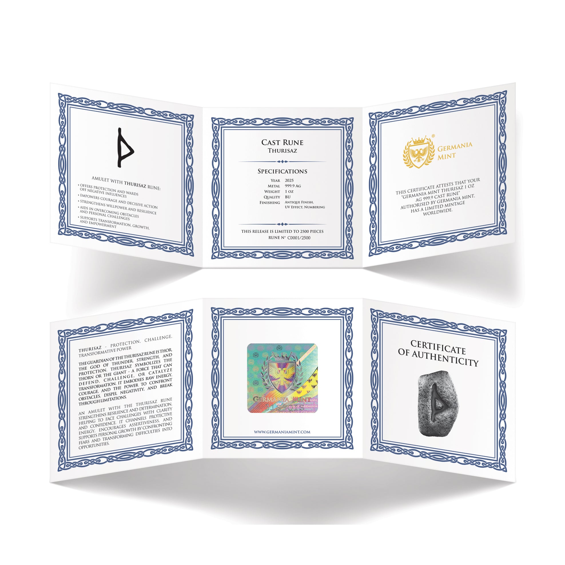 Thurisaz 1 oz Pure Silver Cast Rune with UV light