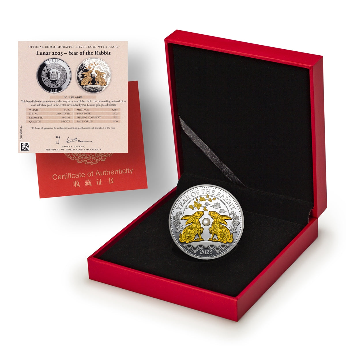 2023 $10 Lunar Year of the Rabbit - Pure Silver Coin with Genuine Pearl Inlay