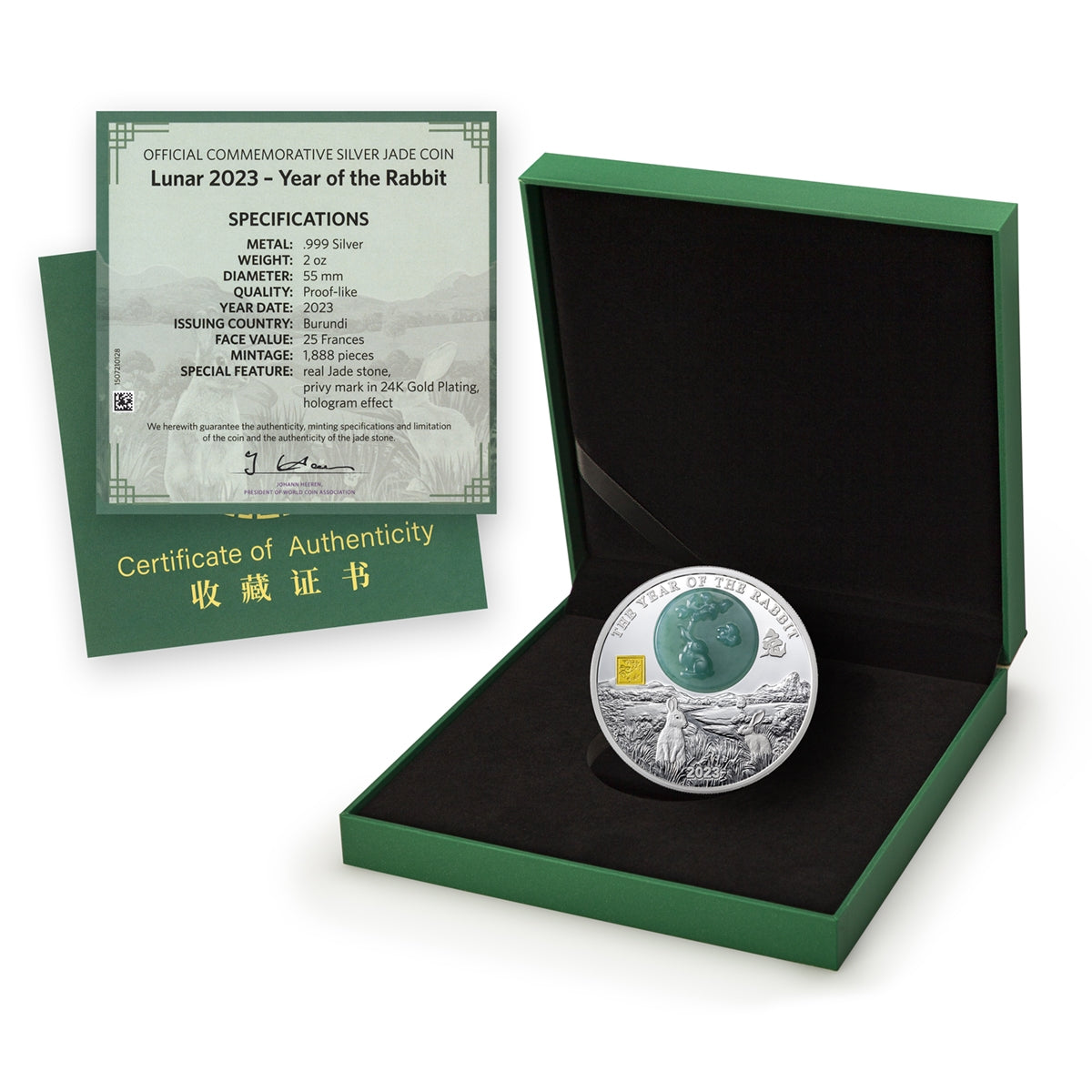 2023 25 Francs Lunar Year of the Rabbit - Pure Silver Coin with Genuine Jade Inlay