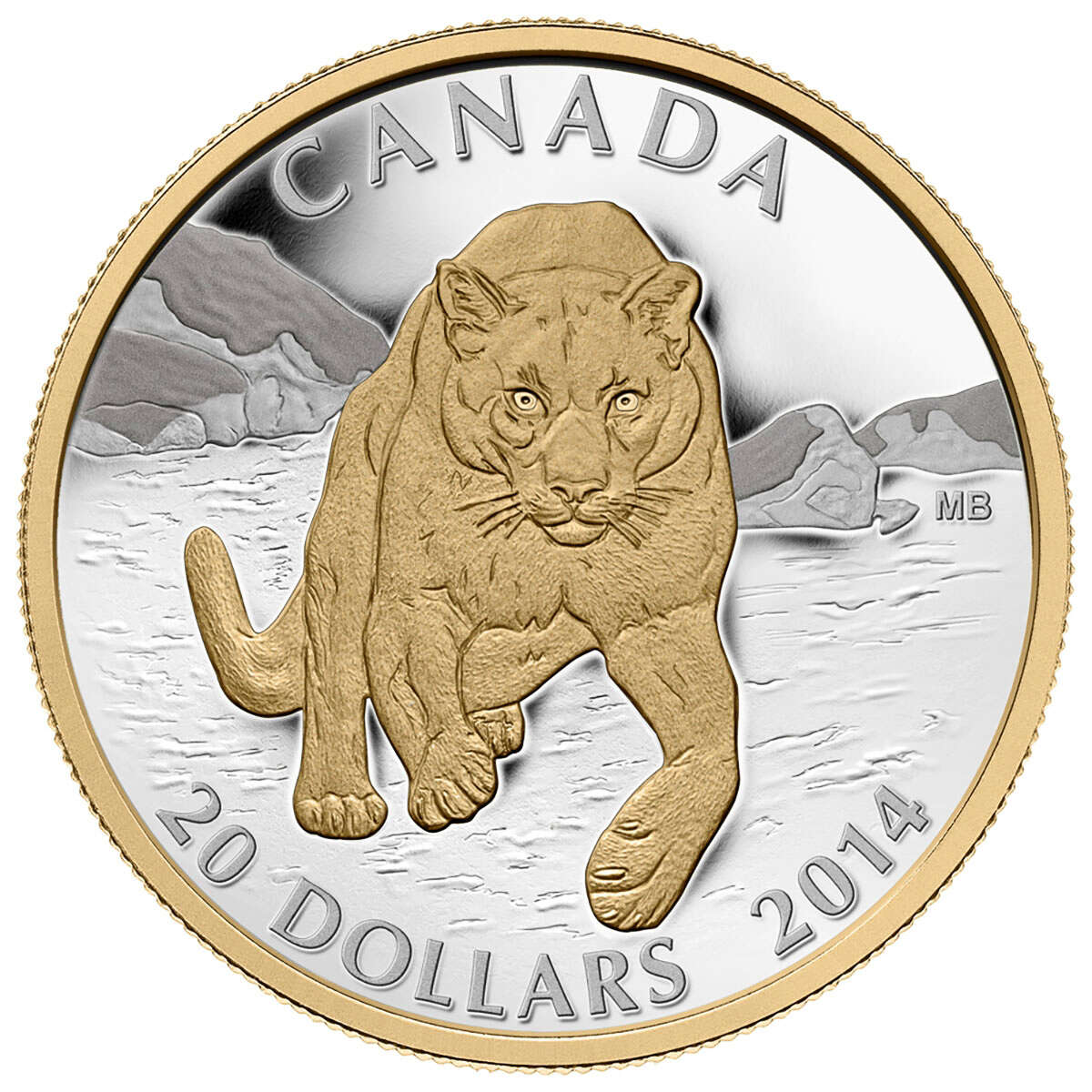 2014 $20 Cougar: Pouncing in the Snow - Pure Silver Coin