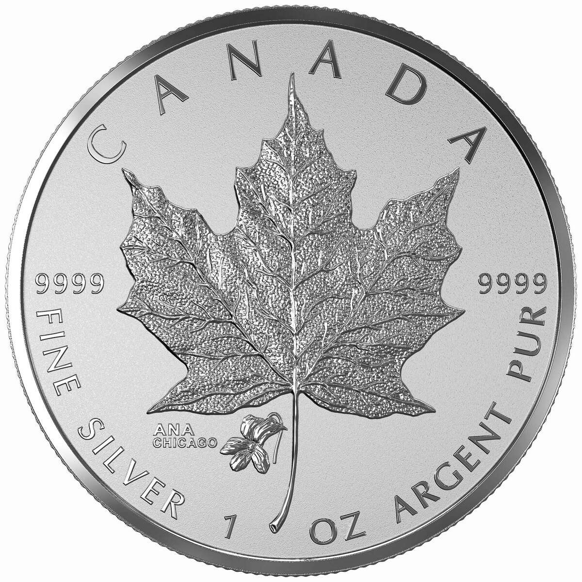 NGC PR69 2015カナダシルバーメープルリーフリバースプルーフ5枚 2015 $5 Maple Leaf ANA Privy: Chicago Violet - Pure Silver Coin