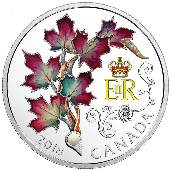 2018 $20 Queen Elizabeth II's Maple Leaves Brooch with Pearl - Pure Silver Coin Default Title