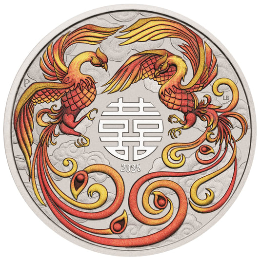 2025 $1 Chinese Myths and Legends: Double Phoenix Red - Pure Silver Coin
