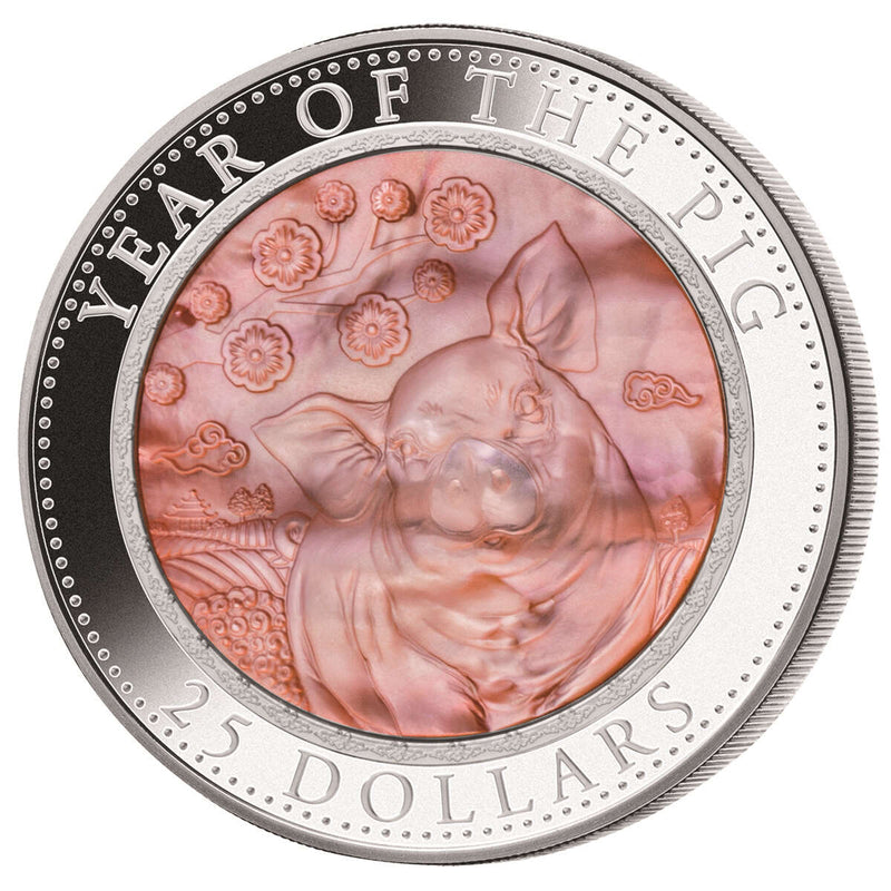 Cook Islands 2019 $25 Fine Silver Coin - Year of the Pig with Mother Of Pearl Design