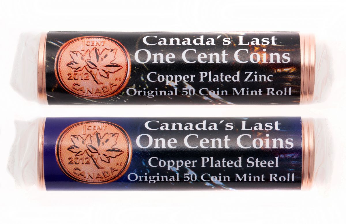 2012 1c Canadas Last One Cent Coins (1 Roll Copper-Plated Steel/ 1 Roll Copper-Plated Zinc)