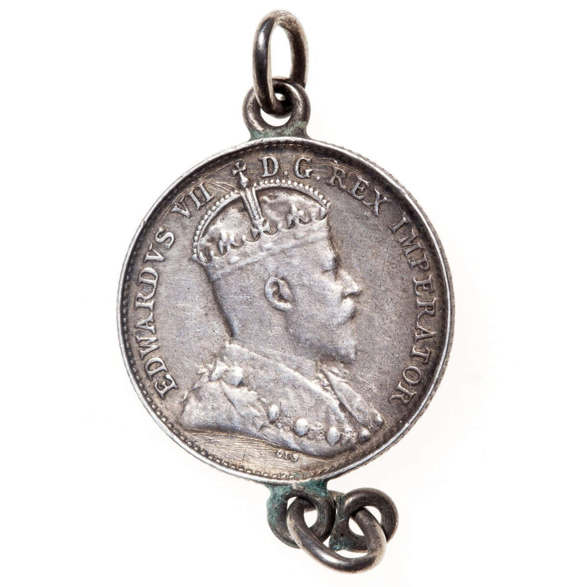 Love Token - "E.W." on an Edwardian .05 silver host coin, with 2 loops for suspension