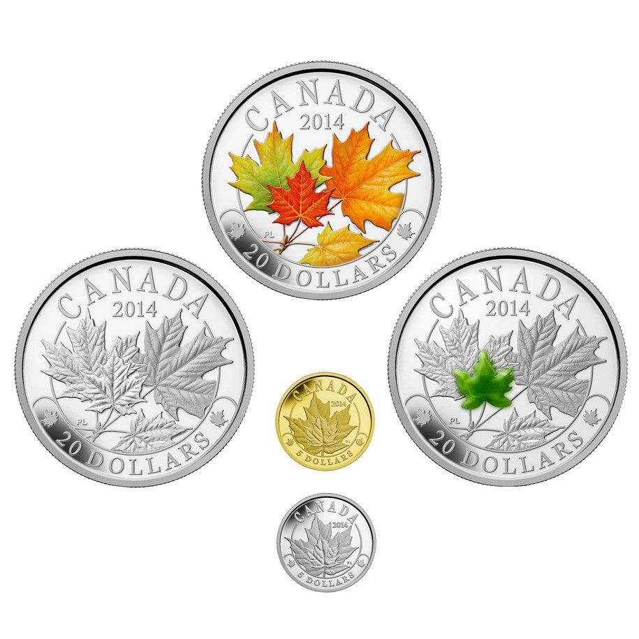 2014 Majestic Maple Leaves - Pure Silver, Gold & Platinum 5-Coin Set with Display Case