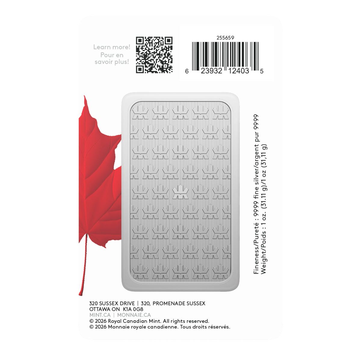 2026 1 oz Pure Silver Bar in Proudly Canadian Packaging - Premium Bullion