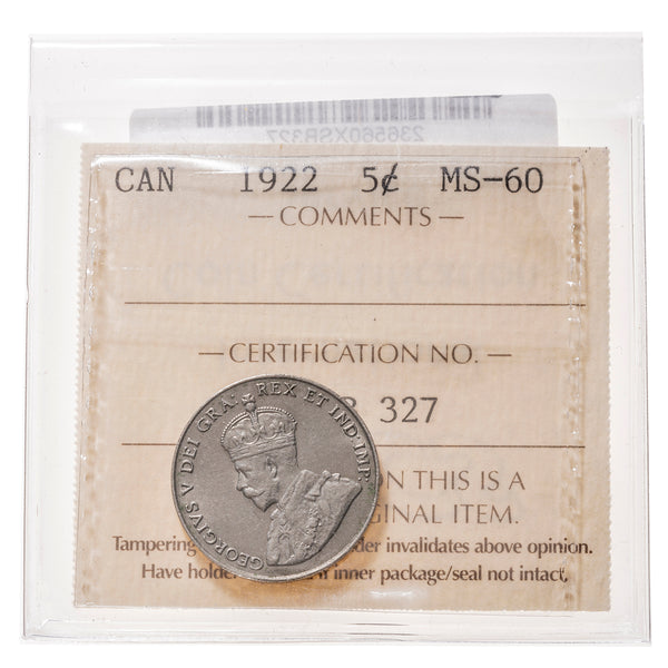 5 cent 1922 Near Rim ICCS MS-60