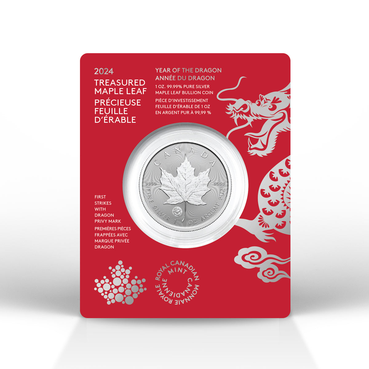 2024 $5 Treasured Silver Maple Leaf First Strikes: Year of the Dragon Privy Mark - Pure Silver Premium Bullion Coin