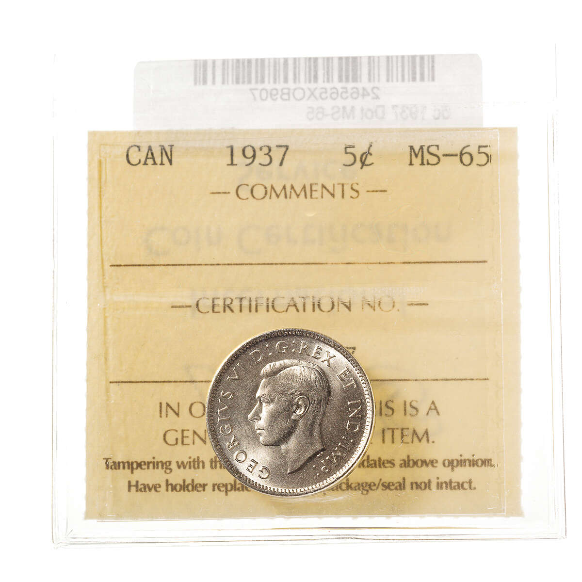 5 cent 1937 Dot ICCS MS-65