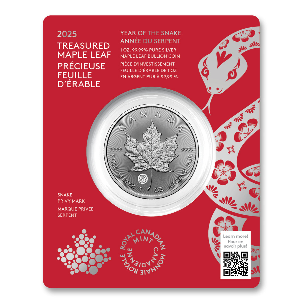 2025 $5 Treasured Silver Maple Leaf: Year of the Snake Privy Mark - Pure Silver Coin