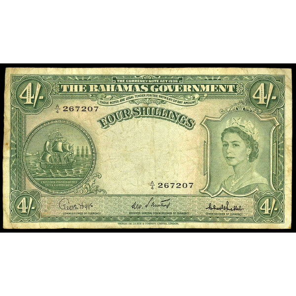 Bahamas 4 Shillings 1953 Elizabeth II Center signature W. H. Sweeting, Chas. P. Bethel at right. F-15